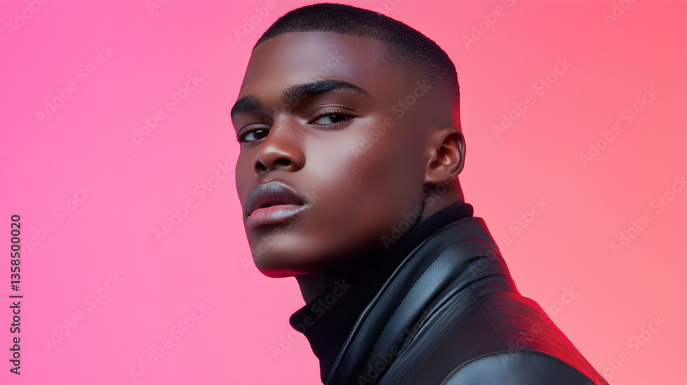 Studio Portrait of a Man in a Black Leather Jacket Against a Pink and Purple Backdrop Studio Portrait of a Man in a Black Leather Jacket Against a Pink and Purple Backdrop