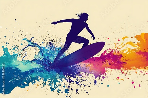 Surfer silhouette with wave action colors, great for beach sports or lifestyle advertising
