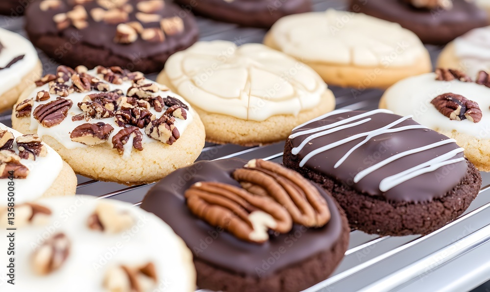 Chocolate coated cookies topped with pecans and white chocolate, Generative AI Chocolate coated cookies topped with pecans and white chocolate, Generative AI
