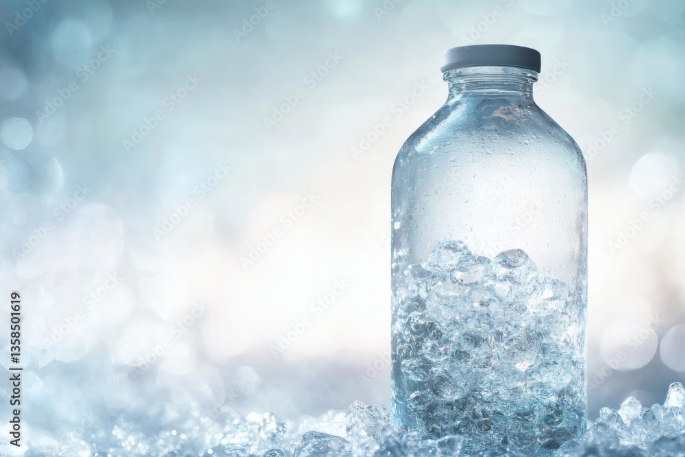 Iced hydration: Refreshing glass bottle with ice cubes on blurred background Iced hydration: Refreshing glass bottle with ice cubes on blurred background
