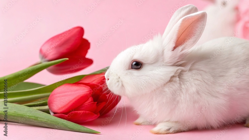 White Rabbit Sniffing a Red Tulip on Soft Pink Background. Easter celebration White Rabbit Sniffing a Red Tulip on Soft Pink Background. Easter celebration