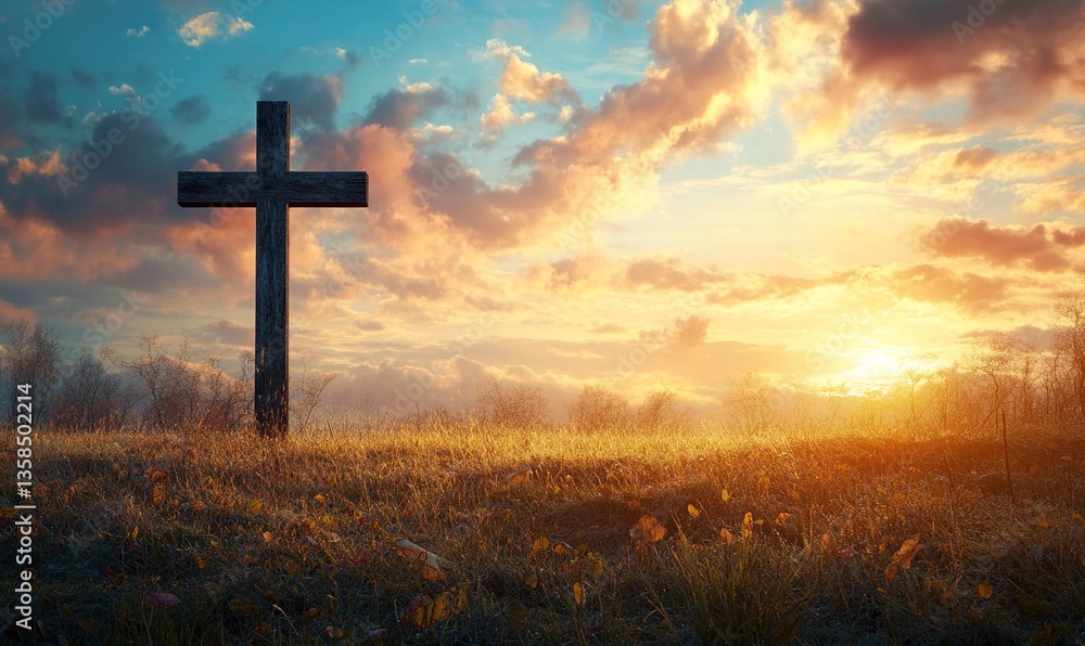 Easter Religious concept: The cross on meadow autumn sunrise background Easter Religious concept: The cross on meadow autumn sunrise background
