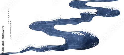 Luxury oriental river background vector. Chinese and Japanese wallpaper pattern design of landscape, sea wave, watercolor, line art. Design illustration for decoration, wall decor, banner, interior.