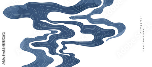 Luxury oriental river background vector. Chinese and Japanese wallpaper pattern design of landscape, sea wave, watercolor, line art. Design illustration for decoration, wall decor, banner, interior.