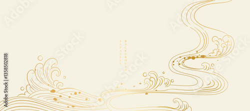 Luxury oriental river background vector. Chinese and Japanese wallpaper pattern design of sea wave, line art. Design illustration for decoration, wall decor, banner, interior.