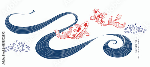 Luxury oriental river background vector. Chinese and Japanese wallpaper pattern design of koi fish, sea wave, watercolor, line art. Design illustration for decoration, wall decor, banner, interior.