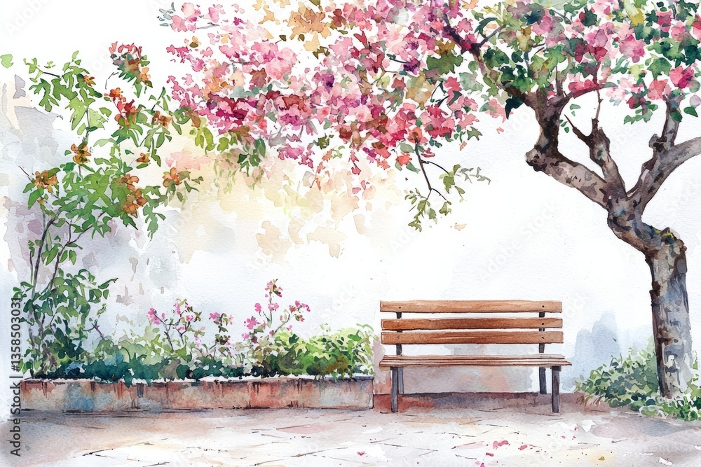 Watercolor painting of a peaceful courtyard with a wooden bench under a blooming tree. The calm breeze gently stirs the leaves, on isolated white background Watercolor painting of a peaceful courtyard with a wooden bench under a blooming tree. The calm breeze gently stirs the leaves, on isolated white background