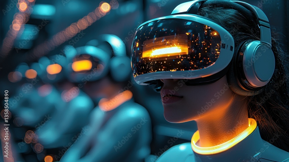 Woman in VR headset experiencing immersive virtual reality. Woman in VR headset experiencing immersive virtual reality.