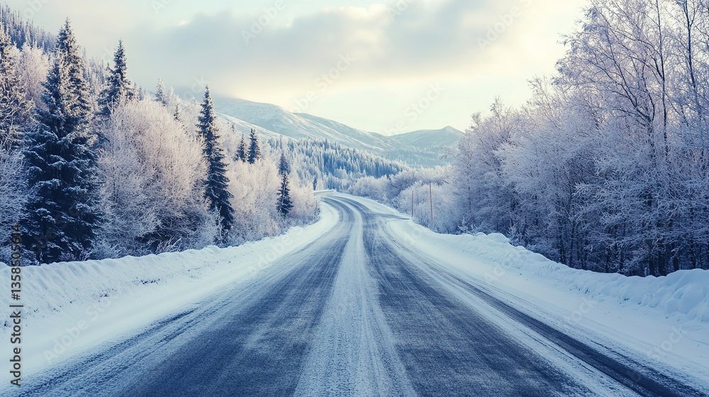 Snowy Forest Road in Winter Landscape, Scenic Mountain Journey Path through Rural Highway Snowy Forest Road in Winter Landscape, Scenic Mountain Journey Path through Rural Highway