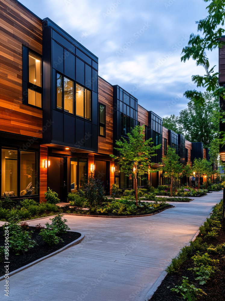 Fototapeta premium A serene pathway winds through contemporary townhomes, featuring sleek wooden facades, large windows, and lush landscaping, creating a tranquil urban retreat perfect for relaxation and modern living.
