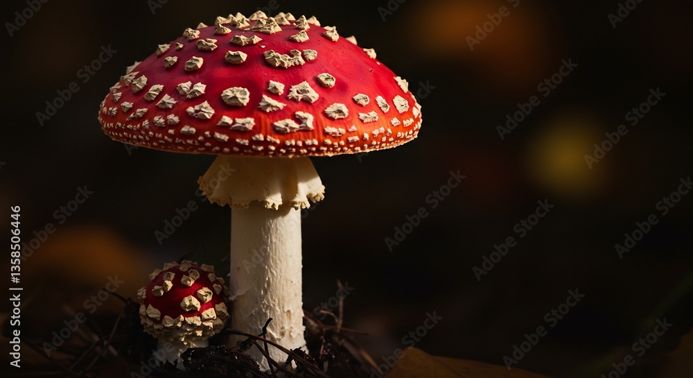 Obraz premium Red mushroom with white spots close up shot warm light. AI Generated