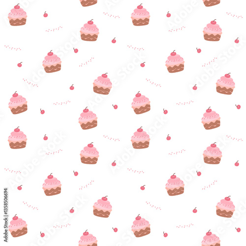 seamless pattern with pink cupcakes and cherries