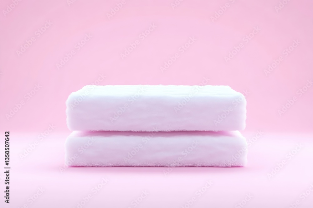 Soft white fluffy towels stacked on pink background Soft white fluffy towels stacked on pink background