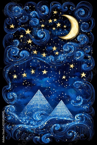 A dreamy artistic night sky scene with pyramids and celestial elements