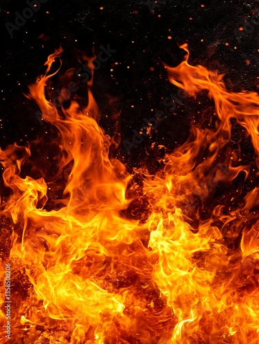 Fiery flames burning brightly with vibrant colors against black background