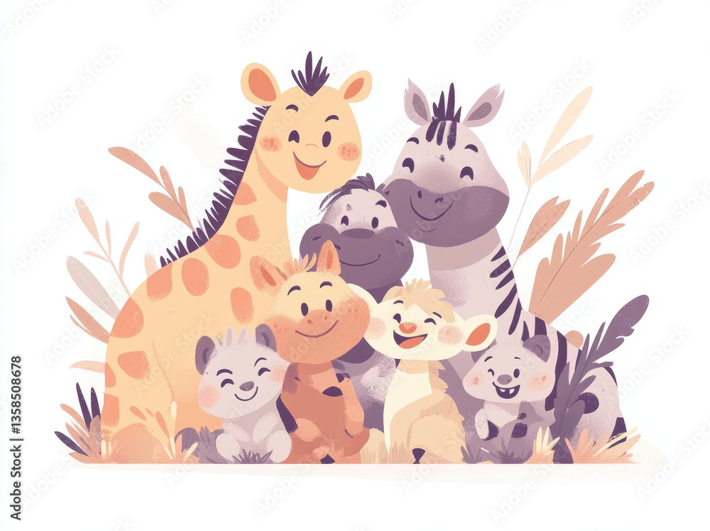 Naklejka premium cheerful group of cartoon animals, including giraffe, zebra, and various smaller creatures, poses together playful and friendly manner amidst soft foliage. Their expressions radiate joy