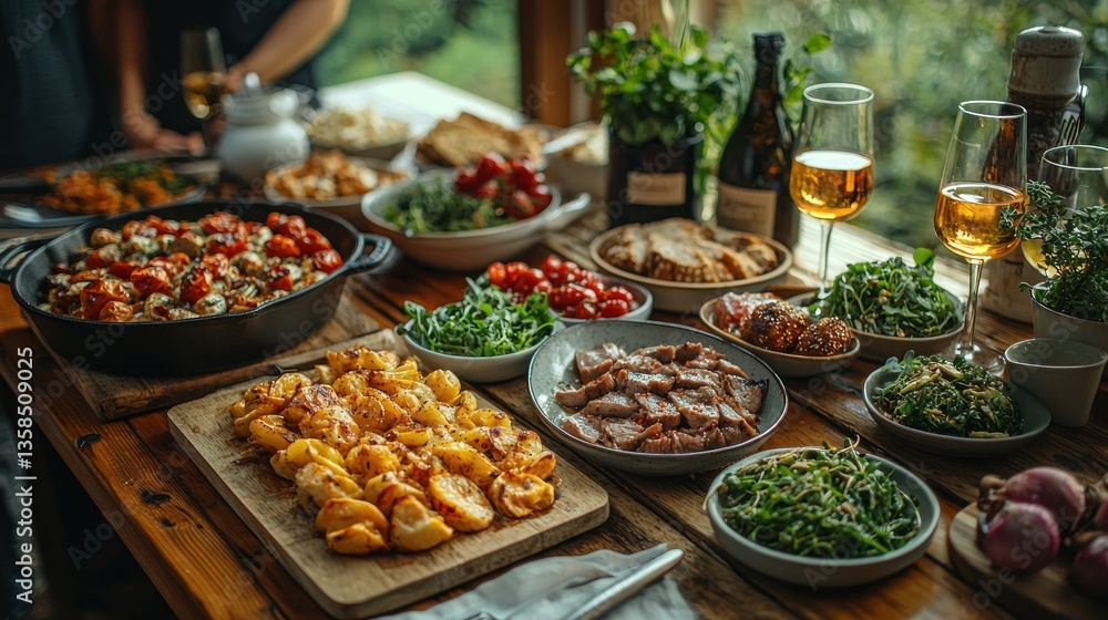 Obraz premium Abundant rustic table setting with roasted vegetables, meats, salads, and wine.