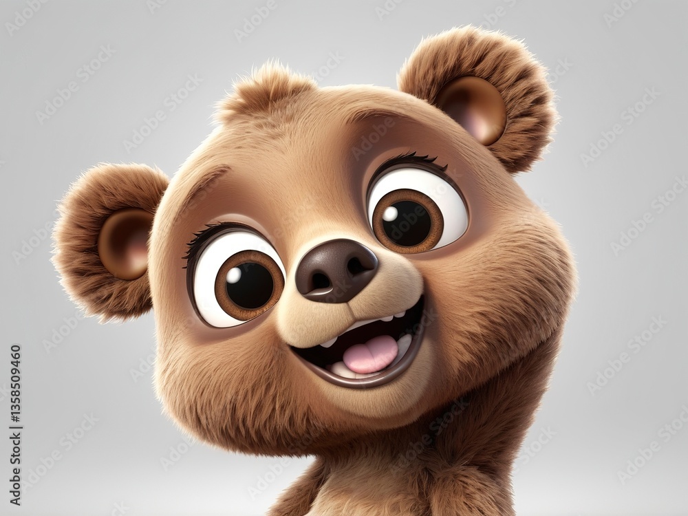 Obraz premium Adorable 3D brown bear with big eyes, looking joyful and cheerful. 