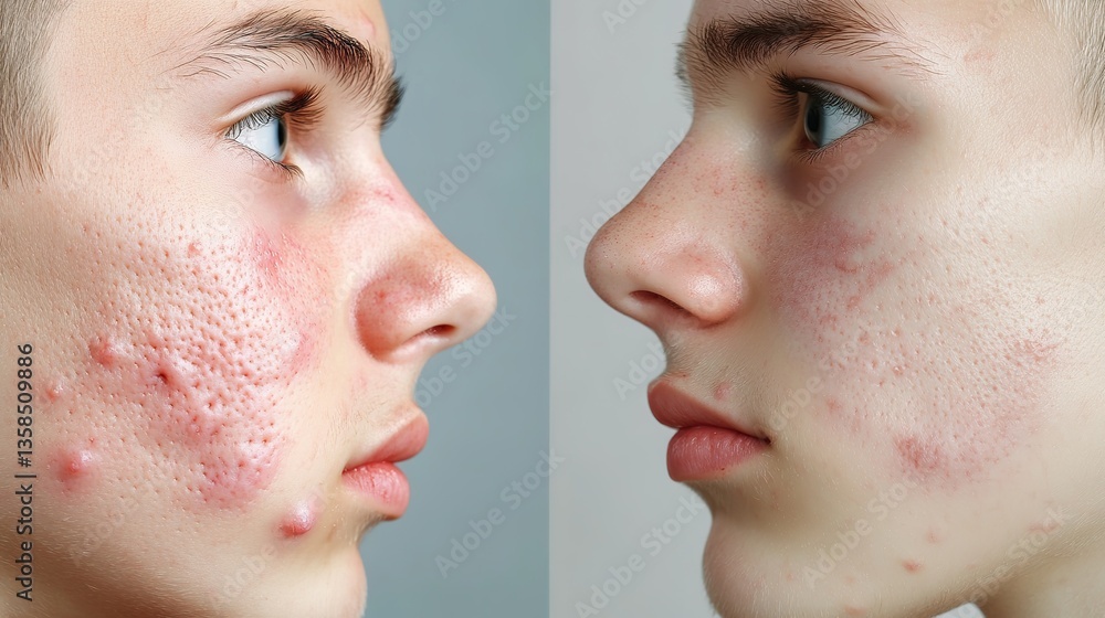 Obraz premium Young Teenage Boy Dermatology Acne Treatment Before and After. Teenager Facial Skin Inflammation and Pimple Removal Results