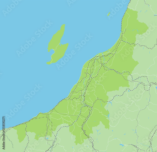 日本の新潟県と隣接する都道府県を含む、シンプルな緑色のロードマップ