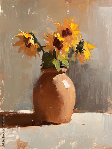 Sunflower bouquet clay vase oil painting vintage style rustic floral still life earthy yellow petals soft brush texture warm brown background farmhouse botanical detail wall decor petals leaf rural
