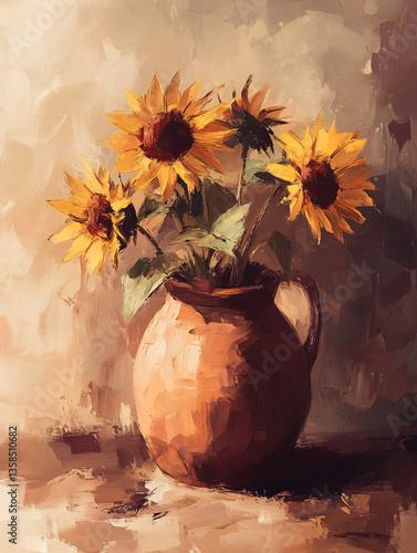 Sunflower bouquet clay vase oil painting vintage style rustic floral still life earthy yellow petals soft brush texture warm brown background farmhouse botanical detail wall decor petals leaf rural