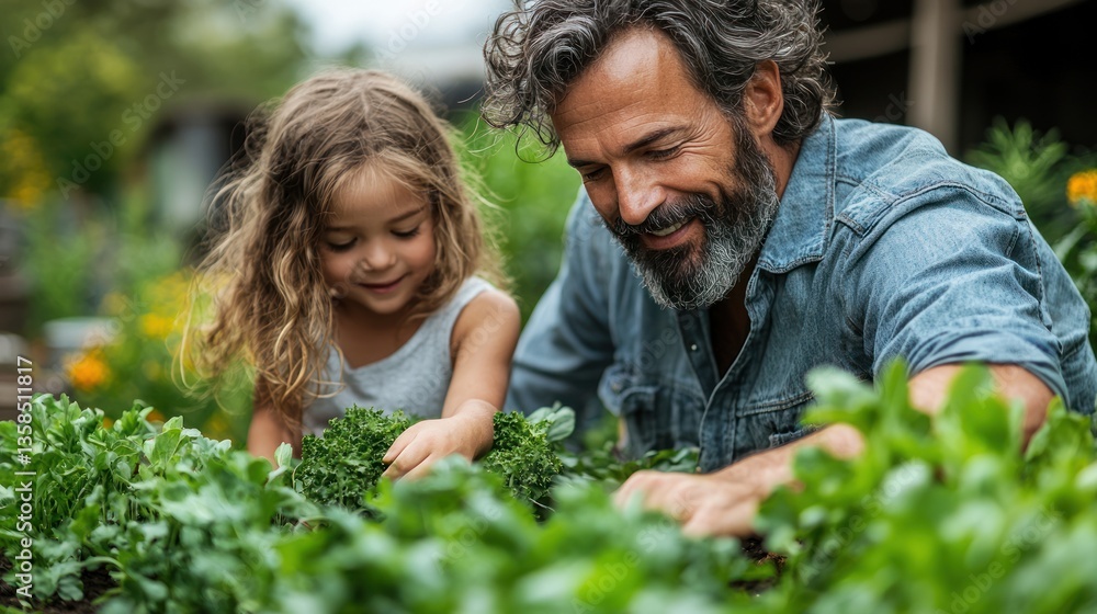 Fototapeta premium Father and daughter gardening together, tending to plants.