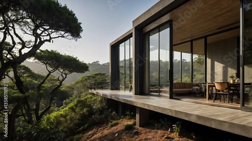 Wallpaper Mural Modern 2 Bedroom Glass House with Minimalist Small Brazilian Exterior, Big Balcony Terrace, Diverse Natural Settings, Vibrant Accents, and Realistic Details (AI-generated) Torontodigital.ca