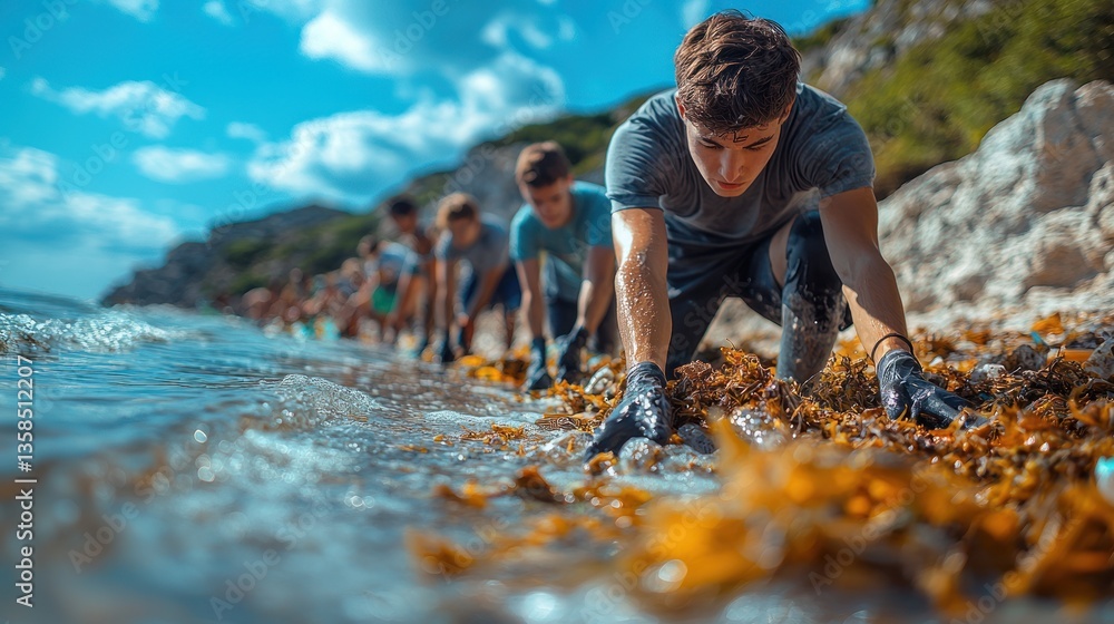 Volunteers cleaning ocean beach, collecting seaweed and trash. Volunteers cleaning ocean beach, collecting seaweed and trash.