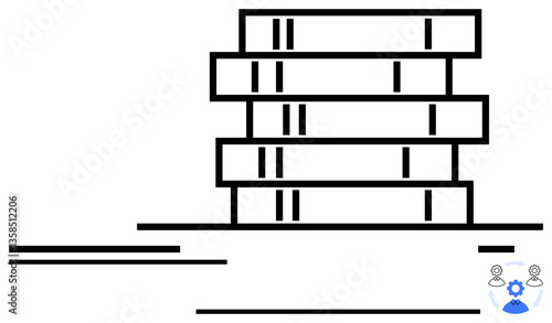 Pile of books stacked neatly, representing knowledge, with a gear and two figures signifying teamwork and collaboration. Ideal for education, learning, teamwork, knowledge-sharing, organization