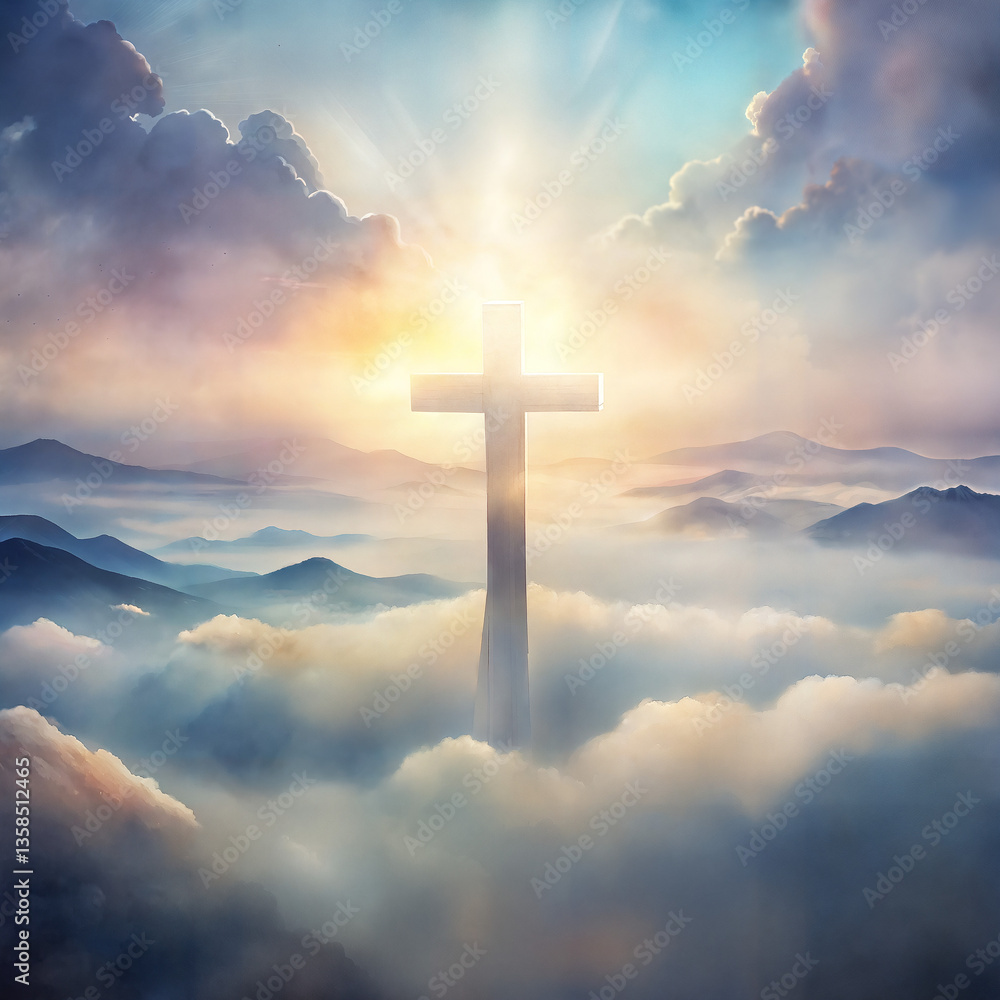 Morning the Cross against the dawn sky, representing the sacrifice. Digital watercolor painting. god, believe, faith, Jesus Christ, bible, religion. Morning the Cross against the dawn sky, representing the sacrifice. Digital watercolor painting. god, believe, faith, Jesus Christ, bible, religion.