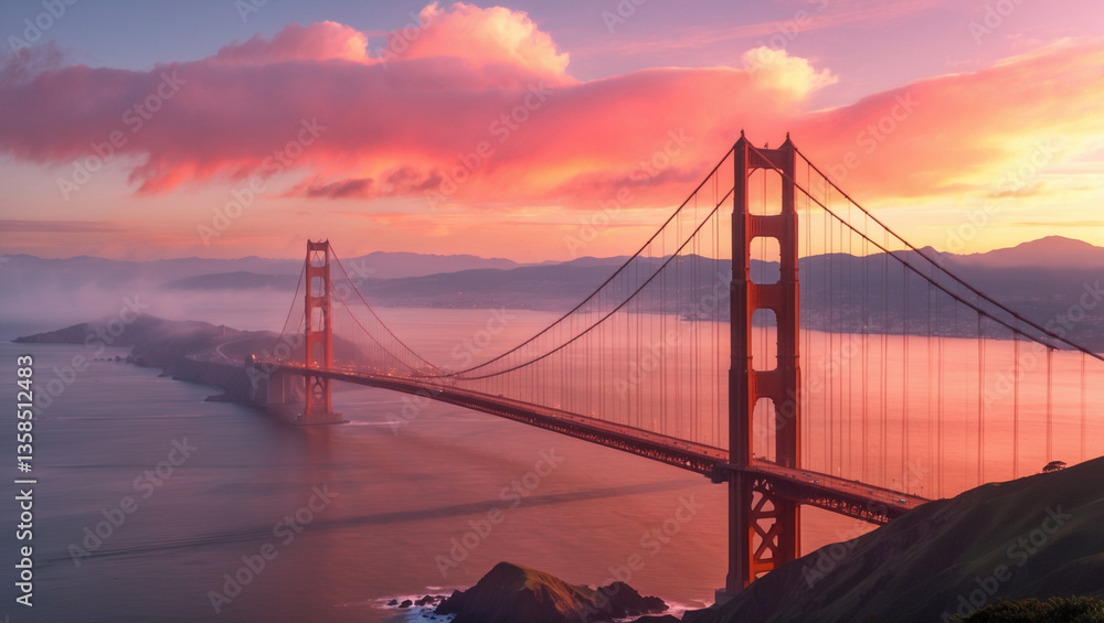 Fototapeta premium Golden Gate Bridge at sunset, a breathtaking panorama of fiery skies and tranquil waters, casting a magical, rosy glow across the iconic landmark.