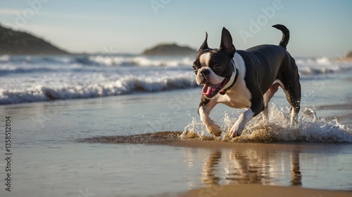 Boston Terrier and Owner Sprinting Along Beach as Waves Crash Nearby