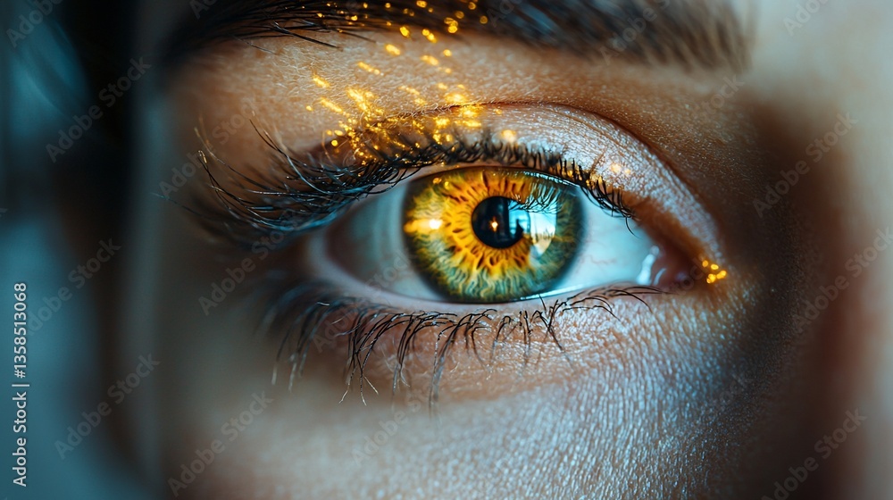 Close-up of an eye with striking golden highlights. Detailed view of a woman's eye, showcasing vibrant golden accents and a captivating emerald green iris Close-up of an eye with striking golden highlights. Detailed view of a woman's eye, showcasing vibrant golden accents and a captivating emerald green iris