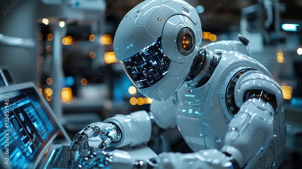 Fototapeta premium Futuristic robot using laptop in lab.