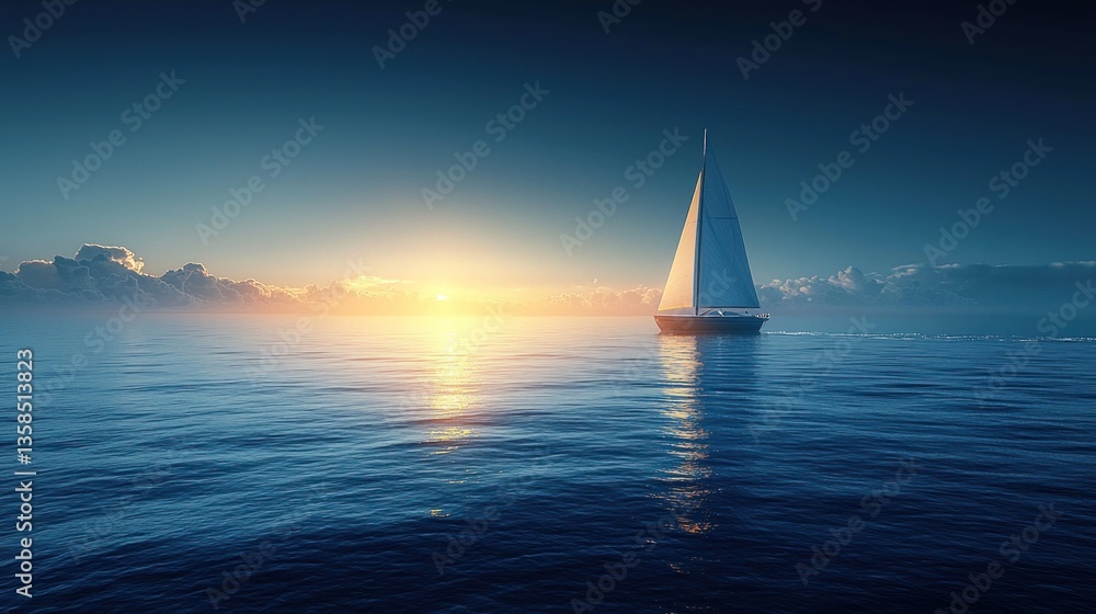 Obraz premium Solitary sailboat at sunset on calm ocean.