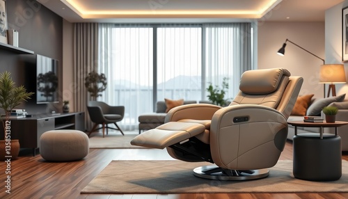 Electric recliner chair with integrated side table and armrest in modern living room, button, contemporary