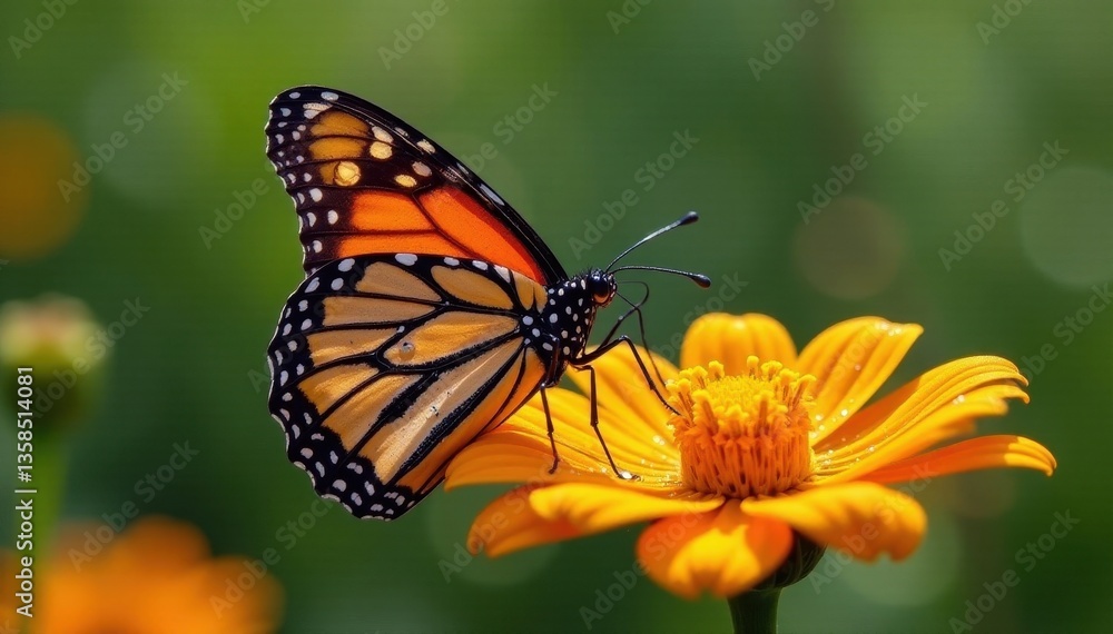 Monarch butterfly on bright orange wildflower, dew drops glistening, wings, botanical Monarch butterfly on bright orange wildflower, dew drops glistening, wings, botanical