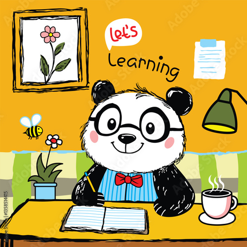 Cartoon panda wearing glasses and bow tie studying at desk with books and learning text in cozy room. Education concept
