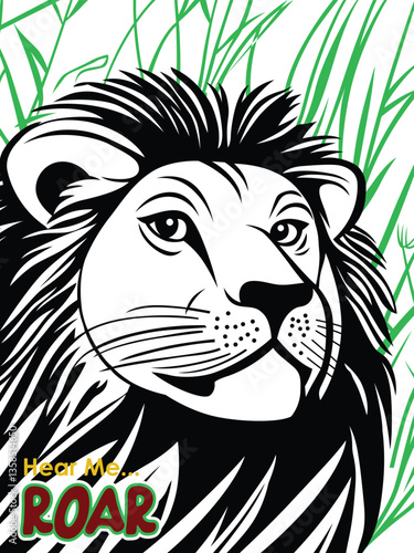 Fotografie Graphic lion portrait with black mane and hear me roar text in wild grass background