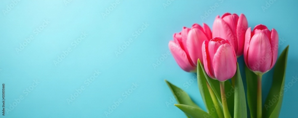 Obraz premium Side view pink tulips bunch, blue backdrop, ample space, tulips, photo, delicate