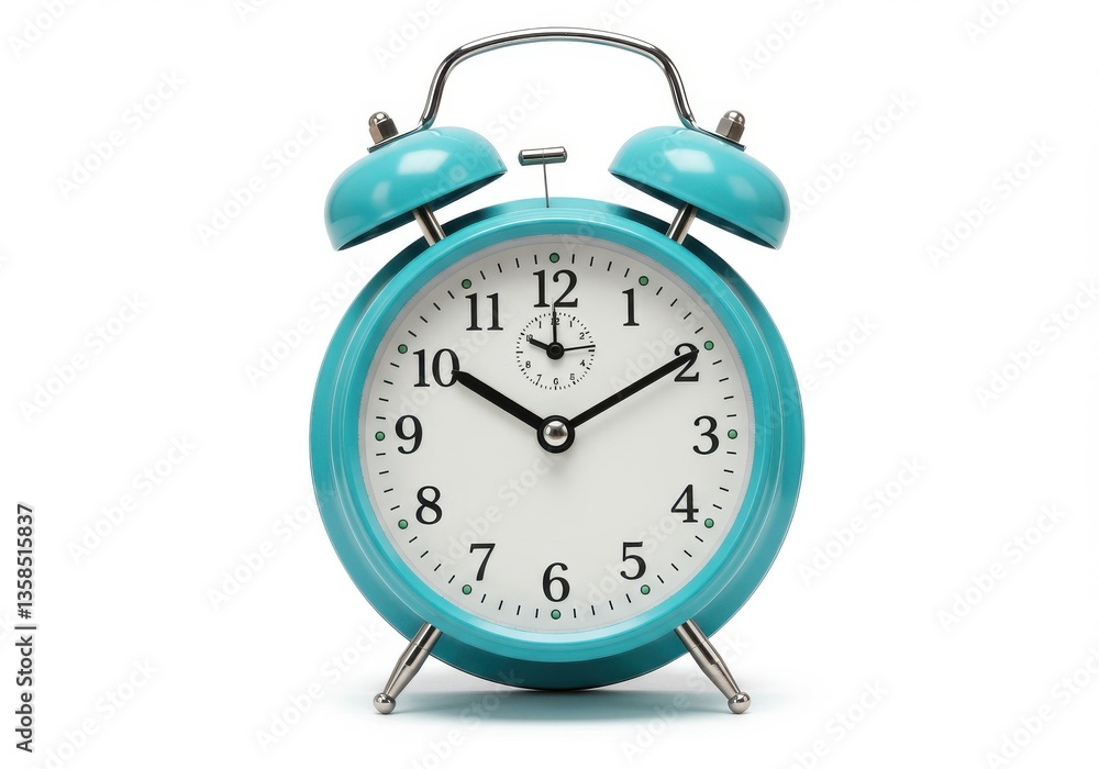 A turquoise alarm clock with bells and a white face on a white background in a studio shot A turquoise alarm clock with bells and a white face on a white background in a studio shot