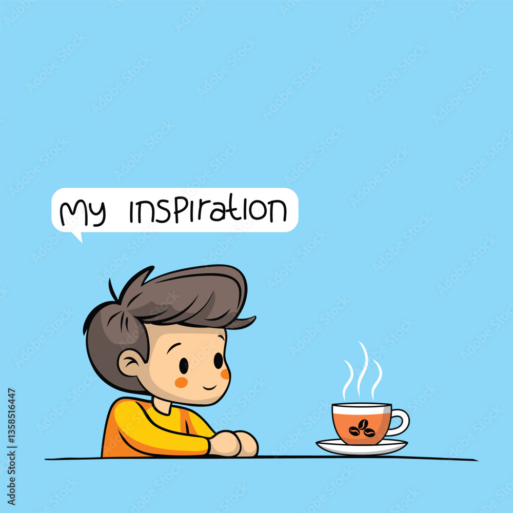Cartoon boy sitting and looking at steaming coffee cup with my inspiration text on light blue background. Morning motivation concept
Cartoon boy sitting and looking at steaming coffee cup with my inspiration text on light blue background. Morning motivation concept