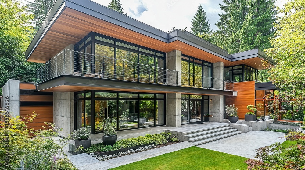 A beautifully designed modern residence with a combination of concrete, wood, and glass elements, ideal for showcasing innovative real estate listings. A beautifully designed modern residence with a combination of concrete, wood, and glass elements, ideal for showcasing innovative real estate listings.
