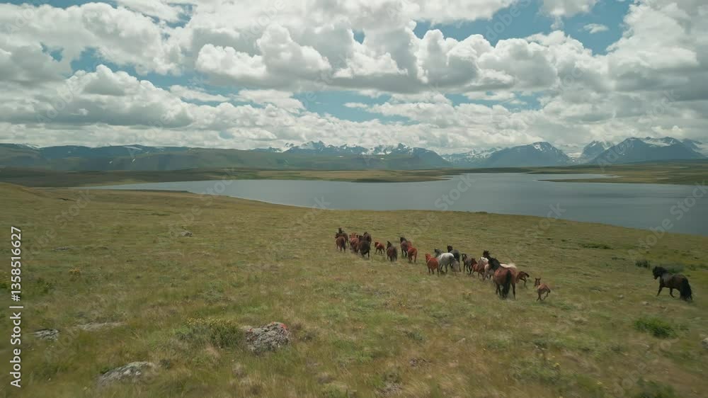 Video from a quadcopter, a herd of wild horses moving through a green meadow against the background of a lake and snowy mountains. Wild horses walk through a green field in the mountains with a lake. Video from a quadcopter, a herd of wild horses moving through a green meadow against the background of a lake and snowy mountains. Wild horses walk through a green field in the mountains with a lake.