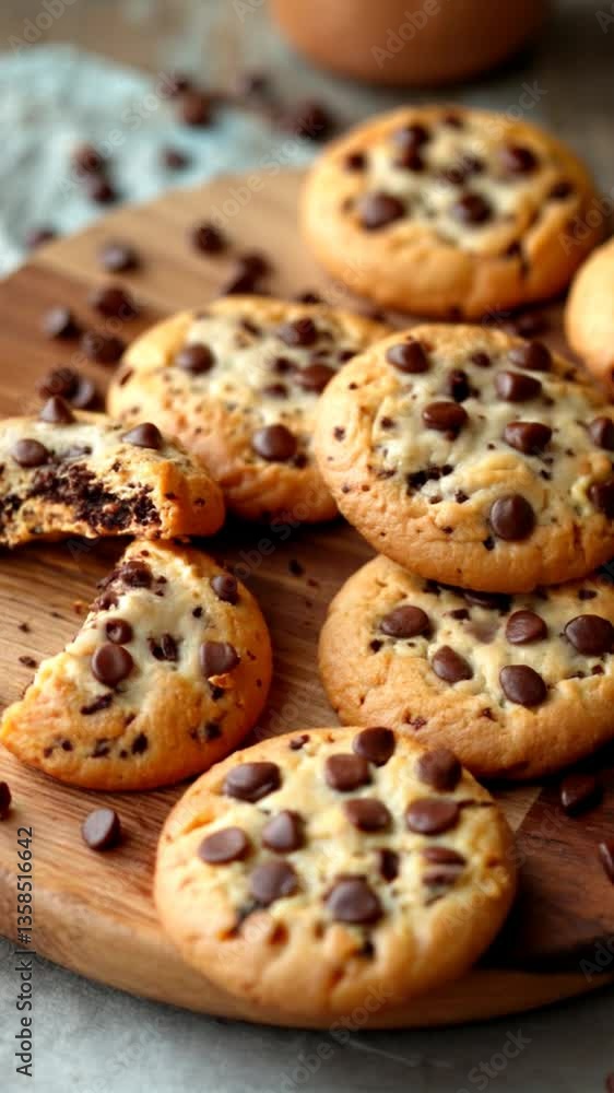 Freshly baked chocolate chip cookies arranged on a rustic wooden serving board
Freshly baked chocolate chip cookies arranged on a rustic wooden serving board