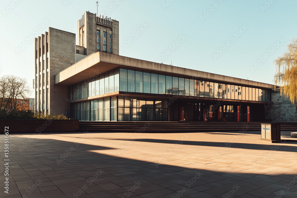 Modern building with glass reflection and concrete field in front of the building, Office building for company worker. Modern building with glass reflection and concrete field in front of the building, Office building for company worker.