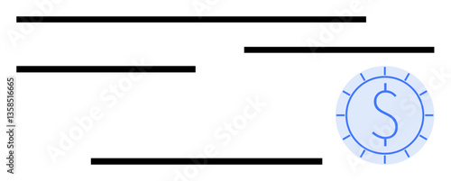 Dollar sign coin next to horizontal document lines representing payment, finance, or billing processes. Ideal for banking, budgeting, accounting, payroll, invoicing investments savings. Flat simple