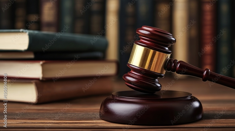 Gavel resting on wooden surface amidst books Gavel resting on wooden surface amidst books