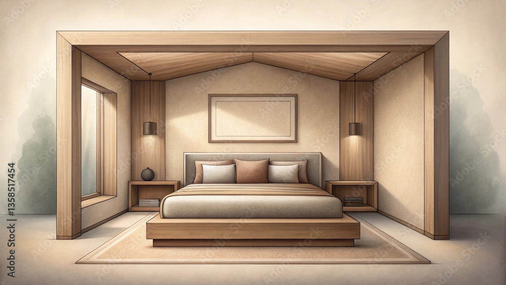Fototapeta premium serene modern minimalist bedroom in watercolor features wooden bed frame, neutral tones, and soft lighting, creating calming atmosphere